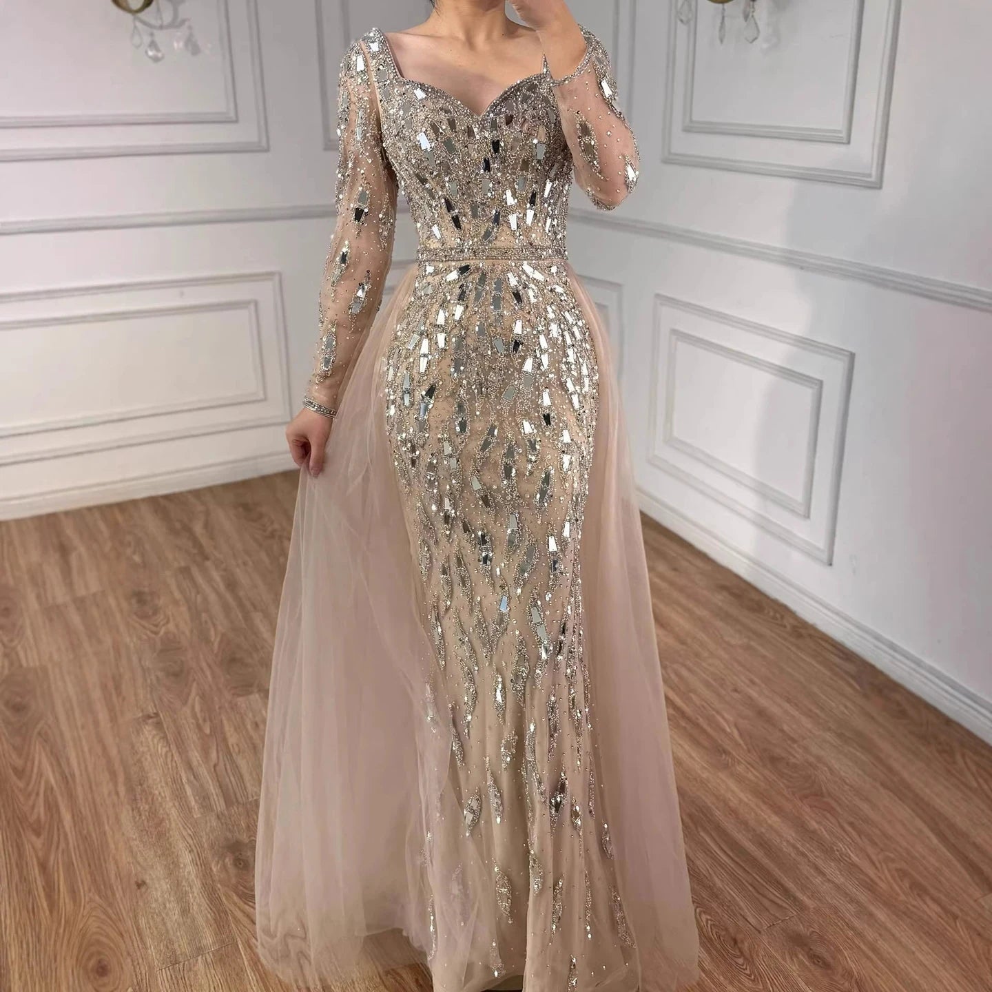 Luxury Arabic Nude Long Sleeve Mermaid Evening Dress LA73113A - SERENE HILL