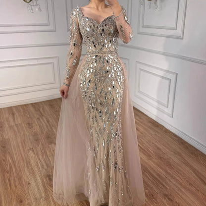 Luxury Arabic Nude Long Sleeve Mermaid Evening Dress LA73113A - SERENE HILL