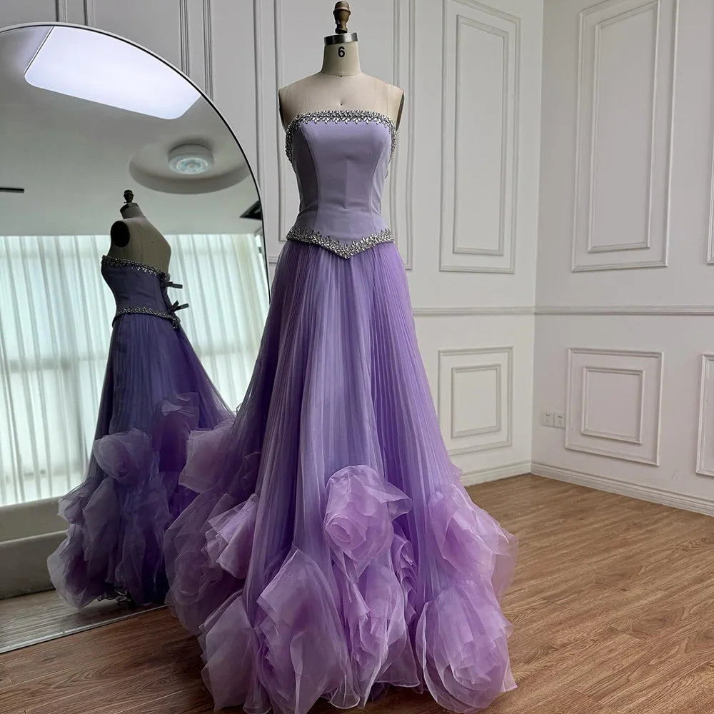 Luxury Lilac Beaded Evening Dress with Floral Train LA72913A - SERENE HILL