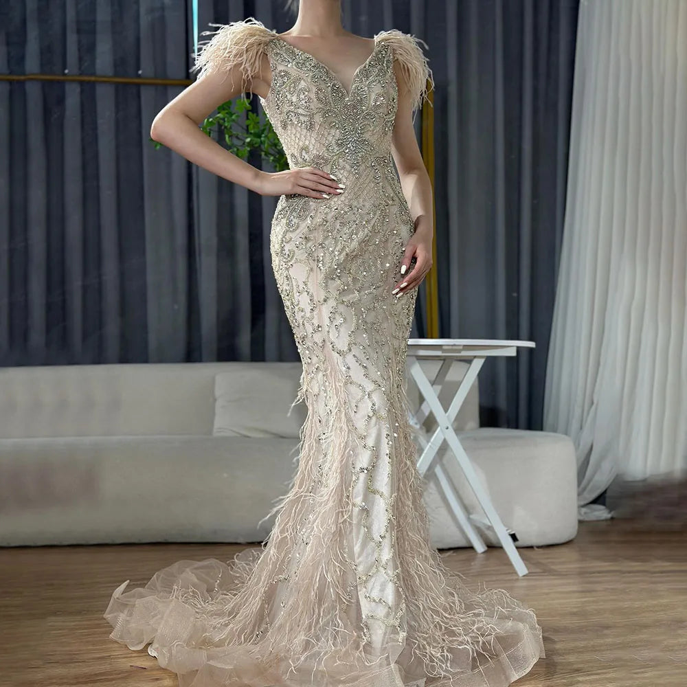 Champagne Luxury V-Neck Sexy Mermaid Evening Dresses 2025 Diamond Champagne / 14