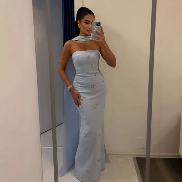 Luxury Blue Arabic Mermaid Crystal Evening Dress with Cape LA73100
