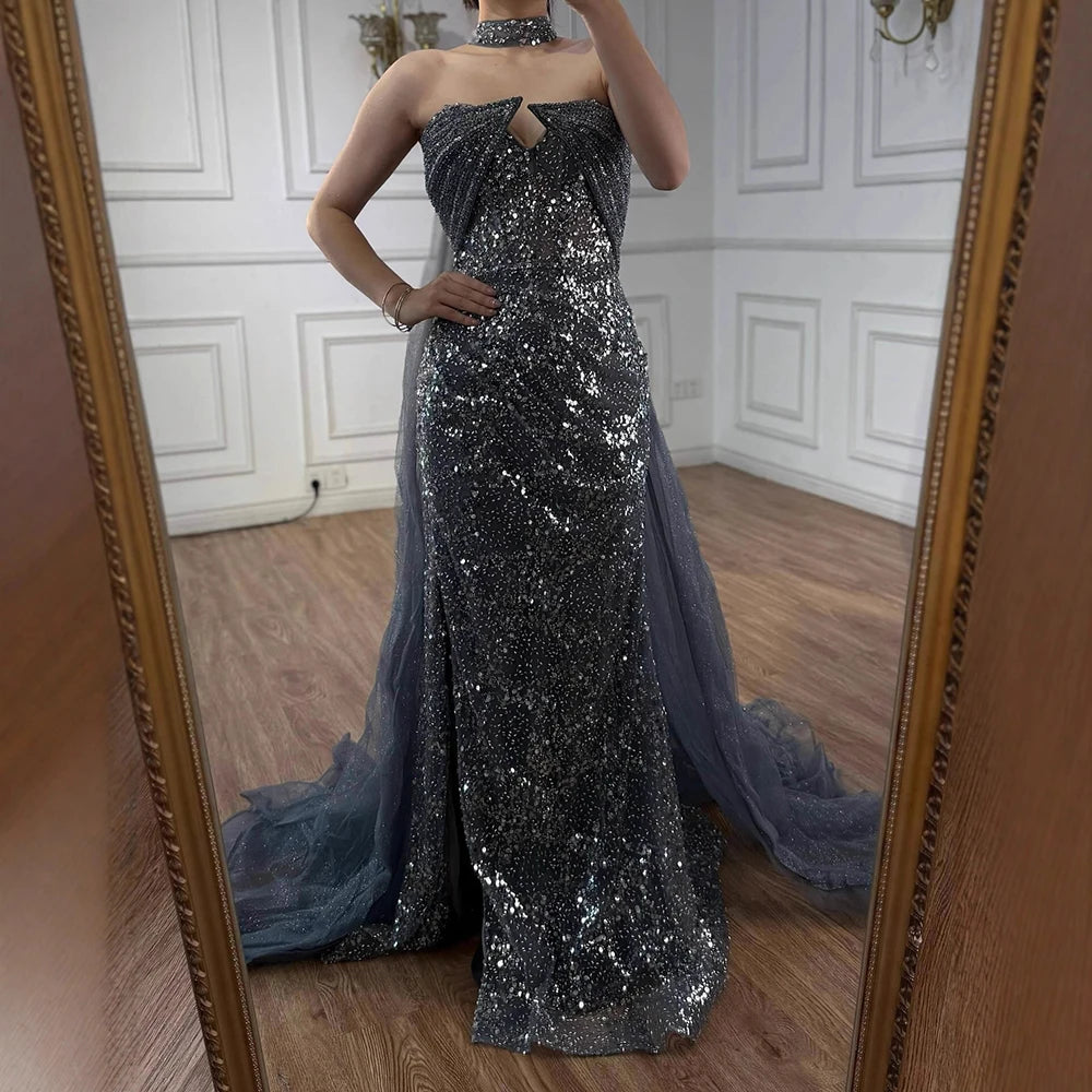Luxury Gray Beaded Evening Dress with Long Cape LA73159 - SERENE HILL