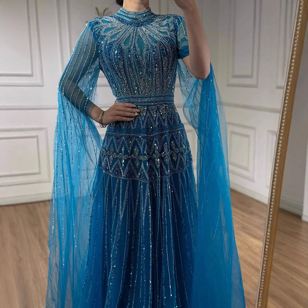 Luxury Arabic Blue Beaded Evening Dress with Cape Sleeves LA73187 - SERENE HILL