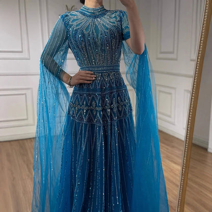 Luxury Arabic Blue Beaded Evening Dress with Cape Sleeves LA73187 - SERENE HILL