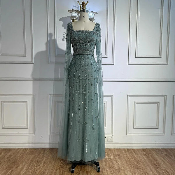 Luxury Arabic Caramel Beaded Evening Dress with Cape Sleeves LA72966A