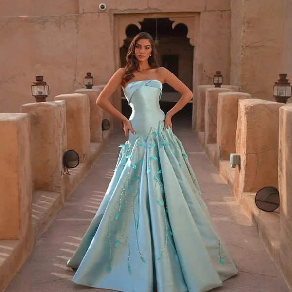 Luxury Blue Strapless Satin Mermaid Evening Dress LA73046