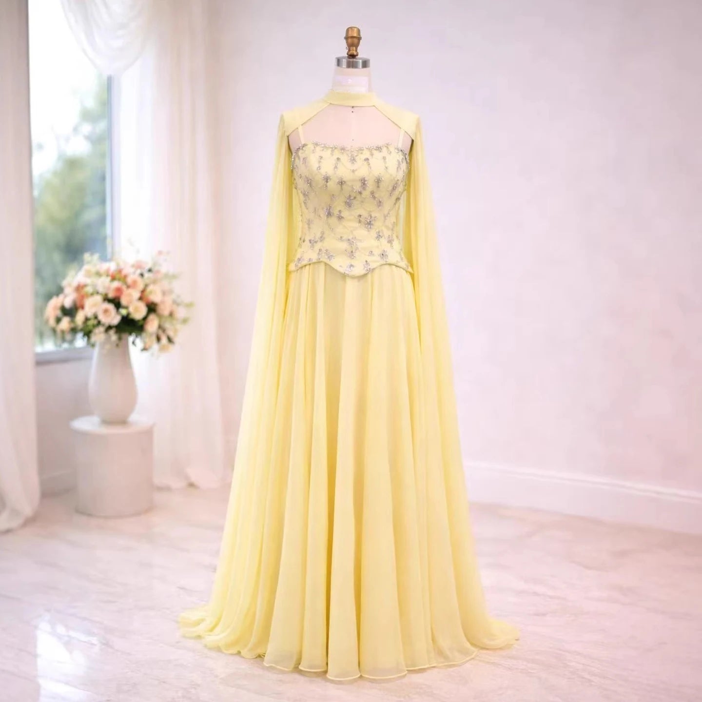 Luxury Yellow Stone Two Pieces Evening Dress with Cape LA73073A - SERENE HILL