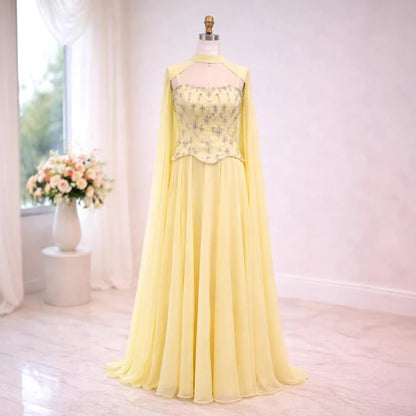 Luxury Yellow Stone Two Pieces Evening Dress with Cape LA73073A - SERENE HILL