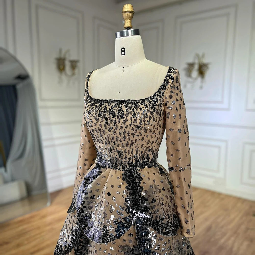 Luxury Black Nude Sequin Evening Dress with Long Sleeves LA72505B - SERENE HILL