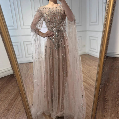 Luxury Designer Blue Beaded Stone Arabic Evening Dress With Cape Sleeve LA72635 - SERENE HILL