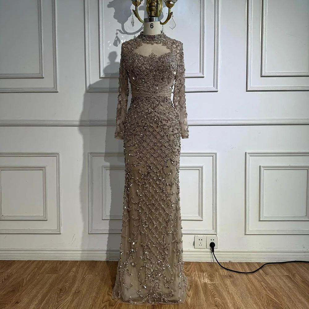 Caramel Beaded High Neck Mermaid Evening Dress Plus Size LA71747A - SERENE HILL