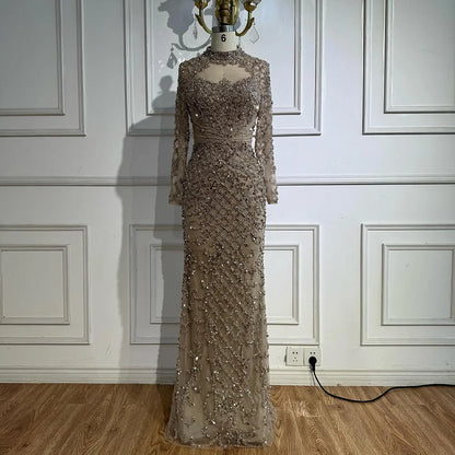 Caramel Beaded High Neck Mermaid Evening Dress Plus Size LA71747A - SERENE HILL