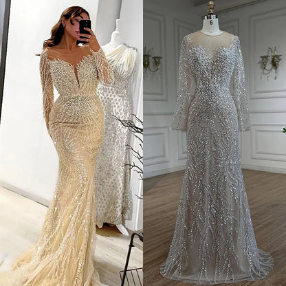 Luxury Dubai White Nude Mermaid Evening Dress With Long Sleeve LA72634 - SERENE HILL