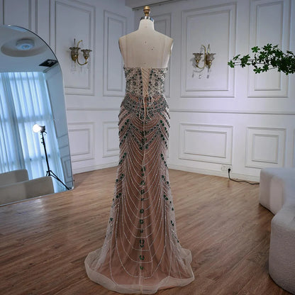 Luxury Green Beaded Saudi Arabic Evening Gown for Formal Occasion LA72842 - SERENE HILL
