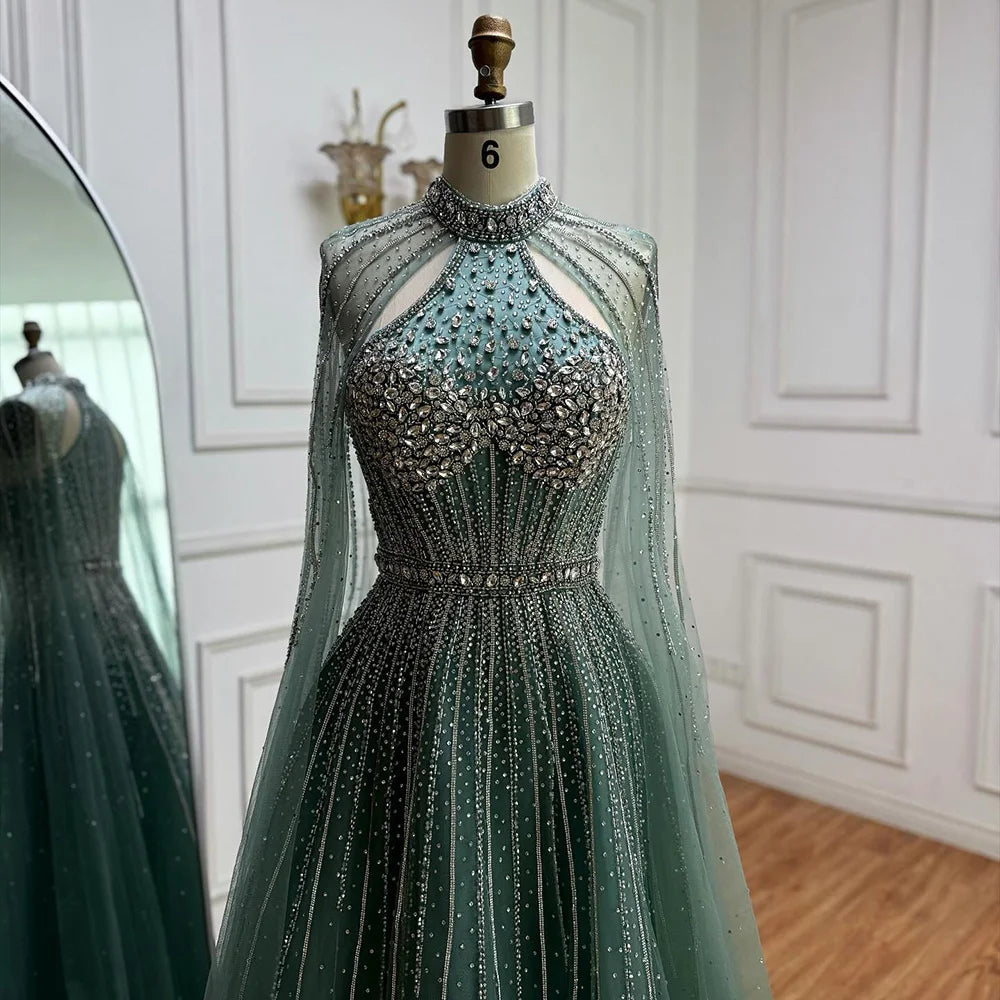 Luxury Beaded A-Line Evening Dress with Cape Sleeves LA73054 - SERENE HILL