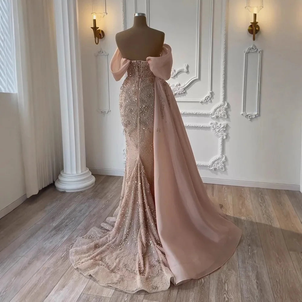 Luxury Nude Off Shoulder Pearl Beaded Mermaid Evening Dress with Overskirt LA73109 - SERENE HILL