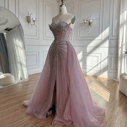 Luxury Dubai Nude Beaded Mermaid Evening Dress with Overskirt LA72811 - SERENE HILL