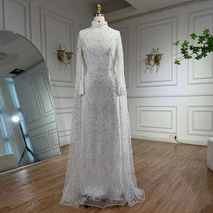 Luxury Dubai Muslim Sage Green Pearls Evening Dress With Cape Plus Size LA72591 - SERENE HILL
