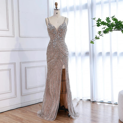 Luxury Nude Beaded High Slit Mermaid Evening Dress LA73340 - SERENE HILL