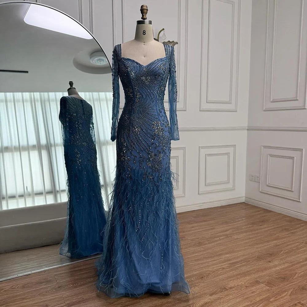 Arabic Blue Feather Beaded Mermaid Evening Dress for Women LA71818 - SERENE HILL