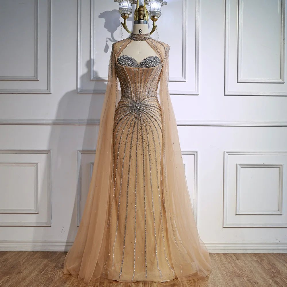 Nude Luxury Beaded Mermaid Evening Gown with Cape Sleeves LA72811A - SERENE HILL