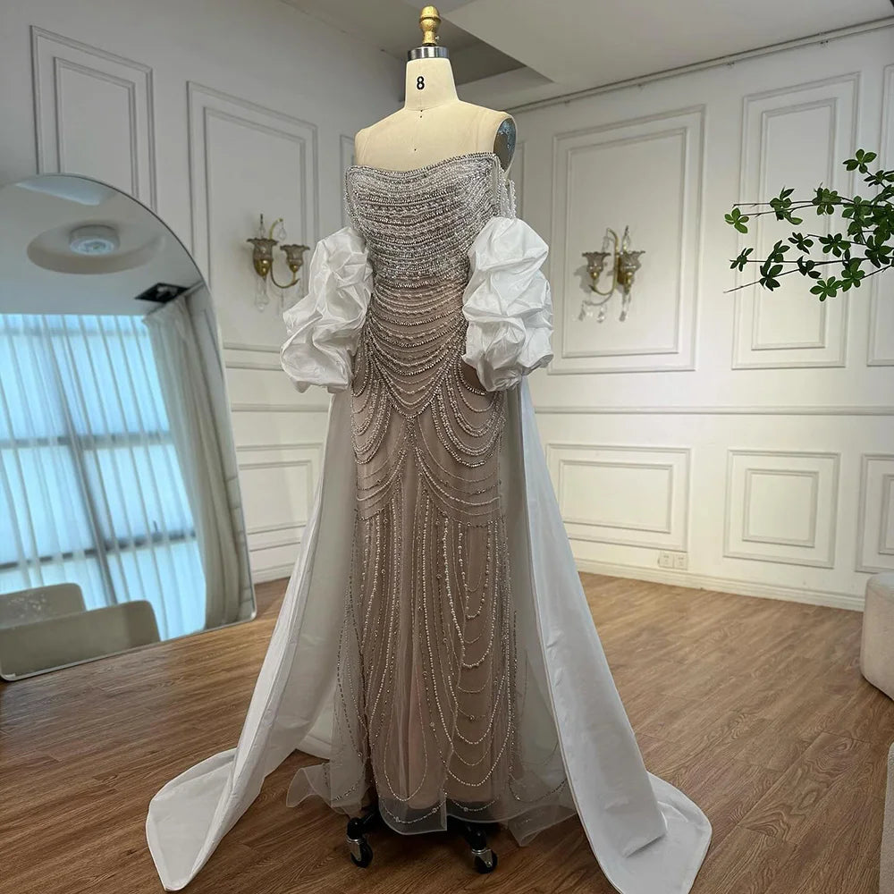White Nude Beaded Mermaid Evening Dress with Satin Cape LA72253B White Nude / 16W White Nude Beaded Mermaid Evening Dress with Satin Cape LA72253B White Nude / 16W