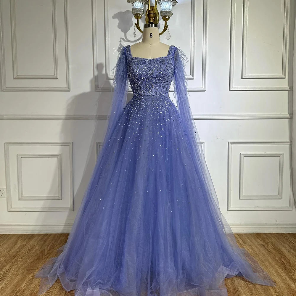 Luxury Blue A-Line Feathers Beaded Evening Dress with Cape Sleeves LA71782A - SERENE HILL