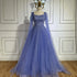 Luxury Blue A-Line Feathers Beaded Evening Dress with Cape Sleeves LA71782A - SERENE HILL