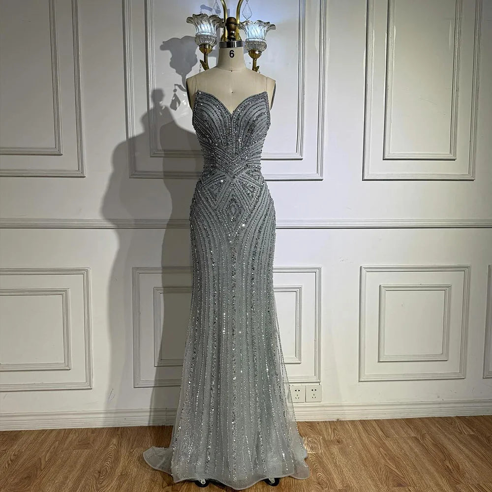 Luxury Nude V Neck Beaded Mermaid Evening Dress Sleeveless LA72981 - SERENE HILL