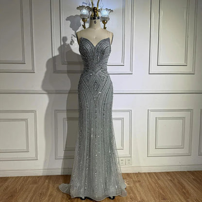 Luxury Nude V Neck Beaded Mermaid Evening Dress Sleeveless LA72981 - SERENE HILL