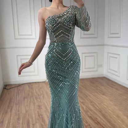 Luxury Nude One Shoulder Long Sleeve Beaded Evening Dress LA73180 - SERENE HILL