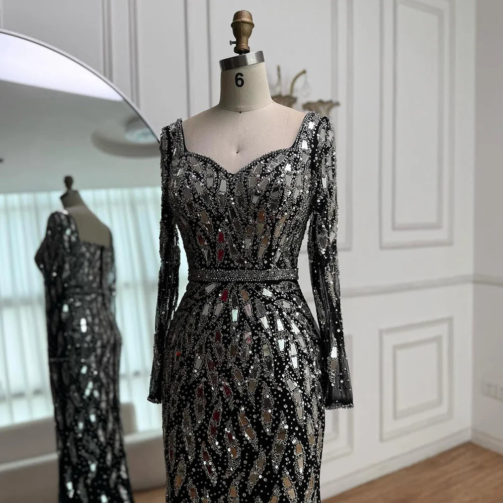 Luxury Black Silver Sequin Long Sleeve Mermaid Evening Dress LA73113 - SERENE HILL
