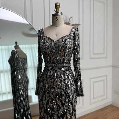 Luxury Black Silver Sequin Long Sleeve Mermaid Evening Dress LA73113 - SERENE HILL