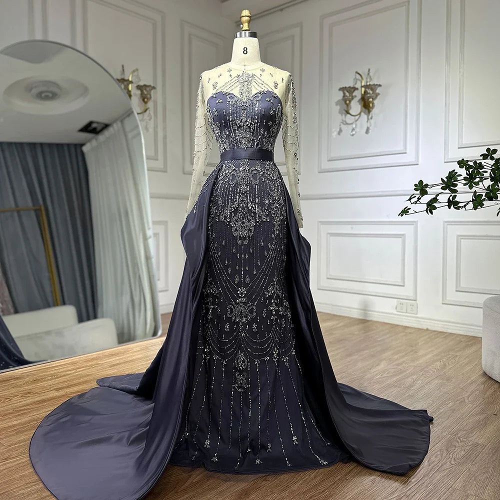 Luxury Dubai Blue Crystal Beaded Evening Dress with Overskirt LA72757 - SERENE HILL