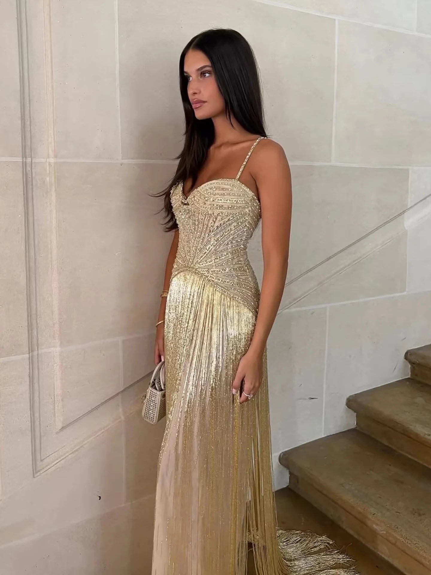 Luxury Arabic Gold Mermaid Beaded Tassel Evening Dress LA73446 - SERENE HILL