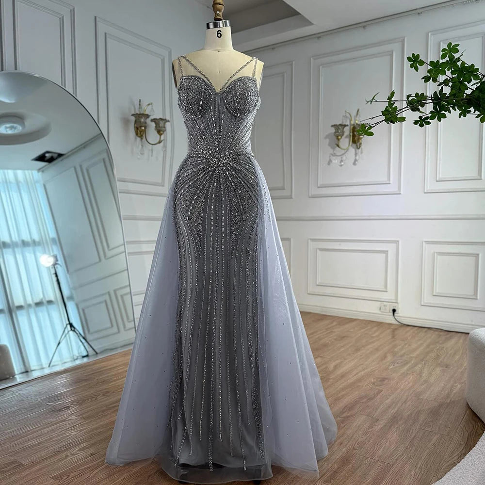 Luxury Nude Spaghetti Strap Mermaid Evening Dress with Overskirt Beaded LA73090 - SERENE HILL