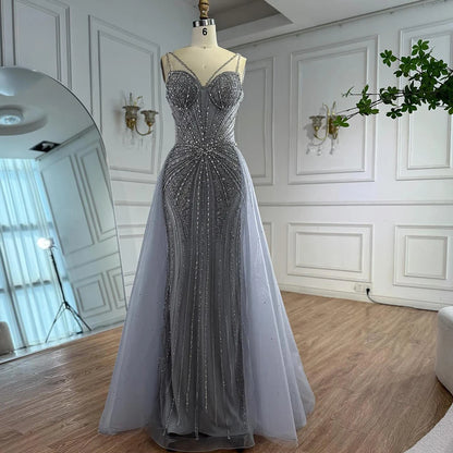 Luxury Nude Spaghetti Strap Mermaid Evening Dress with Overskirt Beaded LA73090 - SERENE HILL