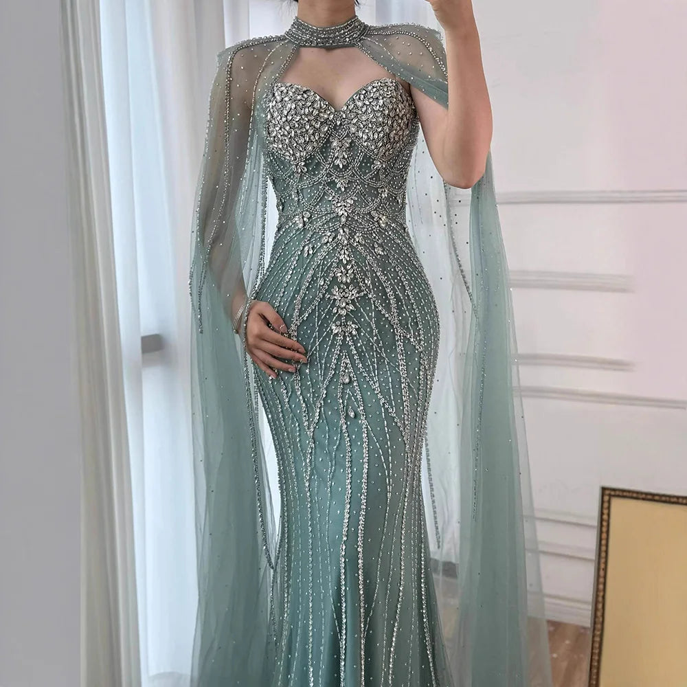 Luxury Turquoise Beaded Cape Sleeve Saudi Arabic Evening Dress LA73136A - SERENE HILL