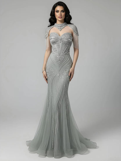 Luxury Nude Beaded High Neck Mermaid Evening Dress LA72897 - SERENE HILL