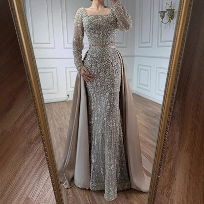 Luxury Dubai Arabic Muslim Caramel Mermaid Beaded Evening Gown with Overskirt LA72533A - SERENE HILL