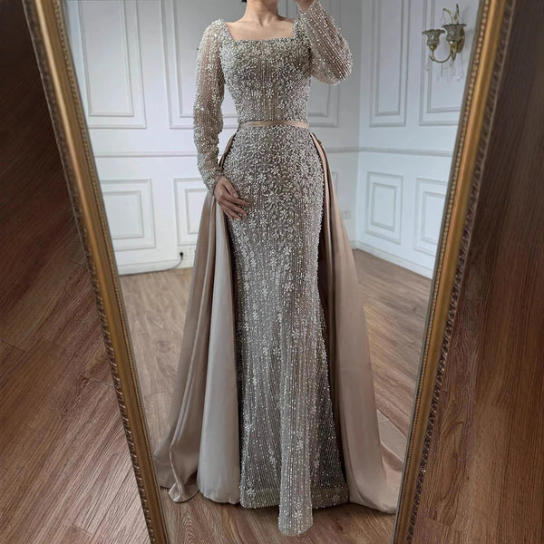 Luxury  Dubai Arabic Muslim Caramel Mermaid Beaded Evening Gown with Overskirt LA72533A