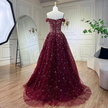 Dubai Luxury Blue Beaded Mermaid Evening Dress with Overskirt LA71796A - SERENE HILL