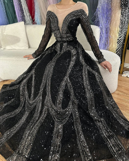 Serene Hill Arabic Elegant Black A Line Shiny Beaded Luxury Dubai Evening Dresses Gowns For Women Wedding Party 2025 LA72566 - SERENE HILL