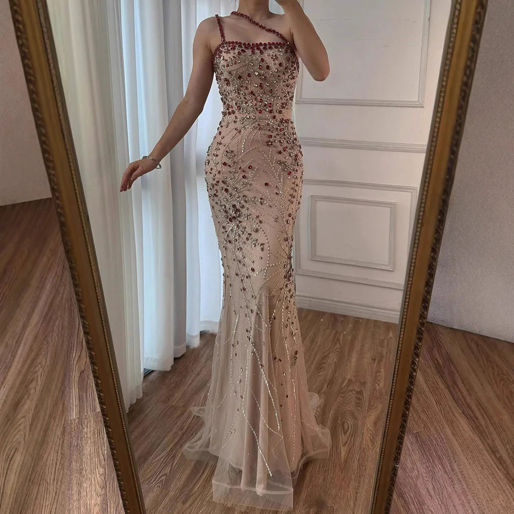 Luxury Red Saudi Arabic Crystal Beaded One Shoulder Evening Dress LA73135 Red / 14 Luxury Red Saudi Arabic Crystal Beaded One Shoulder Evening Dress LA73135 Red / 14