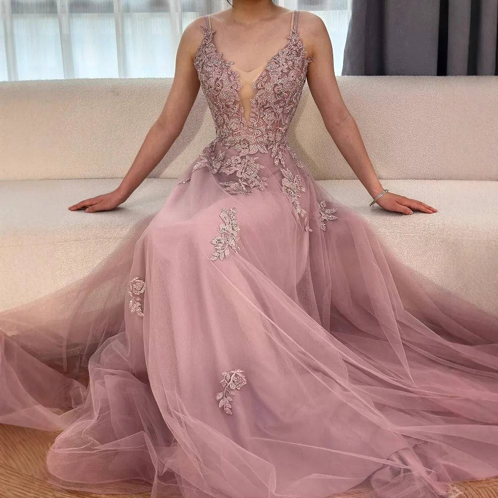 Luxury Sage Green Lace A-Line Prom Dress with Spaghetti Straps LA73005 - SERENE HILL