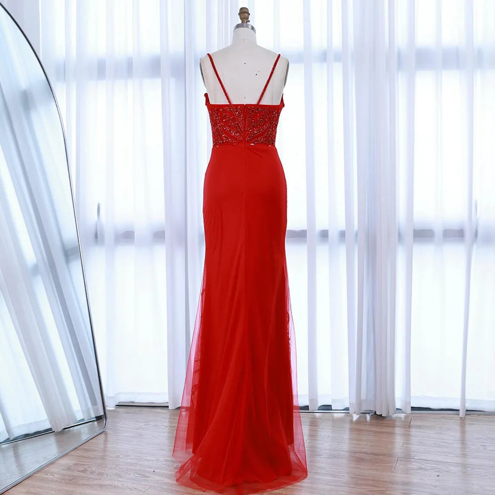 Luxury Red Beaded High Slit Evening Gown with Overskirt LA72936 - SERENE HILL