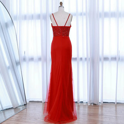 Luxury Red Beaded High Slit Evening Gown with Overskirt LA72936 - SERENE HILL
