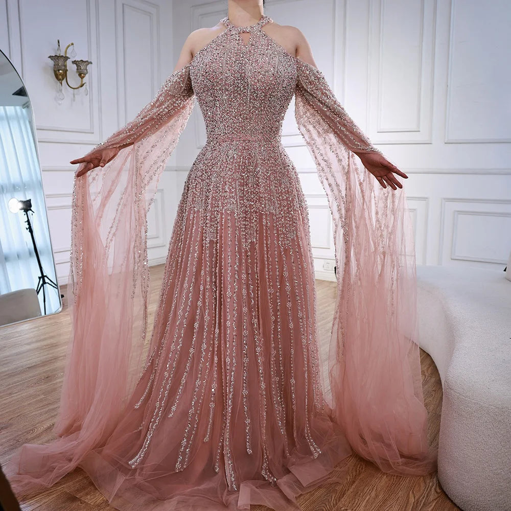 Luxury Turquoise Beaded A Line Evening Dress with Cape Sleeves LA72820 - SERENE HILL