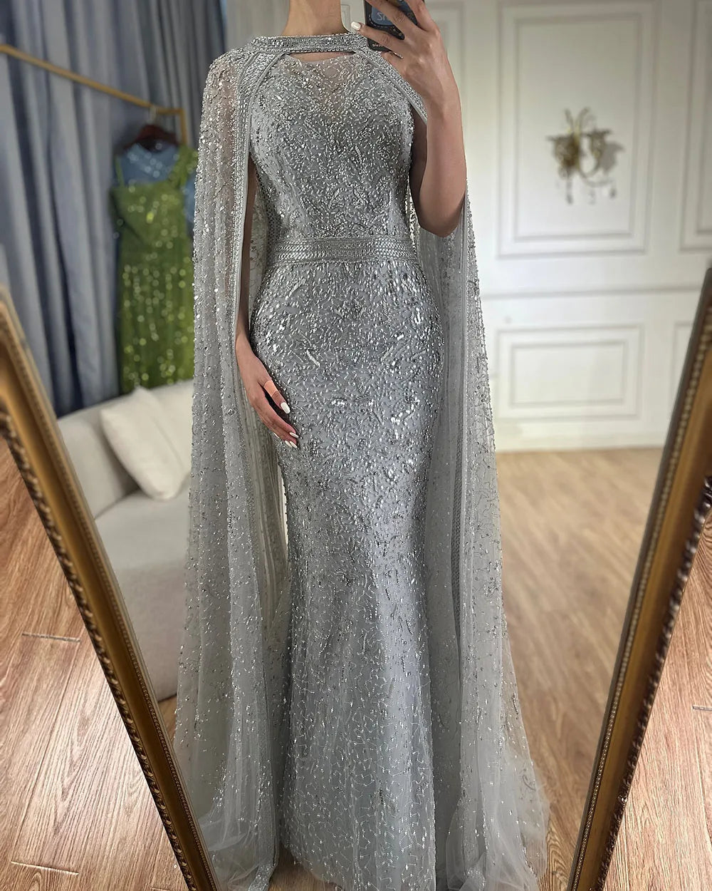 Luxury Gray Arabic Mermaid Evening Dress with Cape LA72180 - SERENE HILL