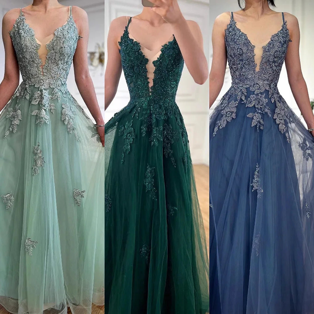 Luxury Sage Green Lace A-Line Prom Dress with Spaghetti Straps LA73005 - SERENE HILL